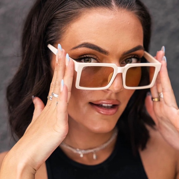 Beige Tan Trendy Classic Rectangle Designer Luxury Fashion Womens Sunglasses - Picture 2 of 5